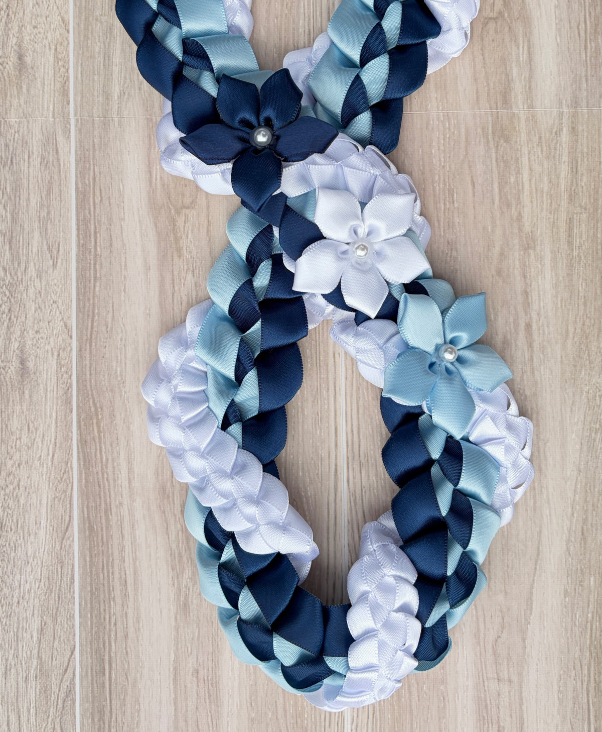 Navy Blue, Light Blue, and White Wrap Ribbon Lei