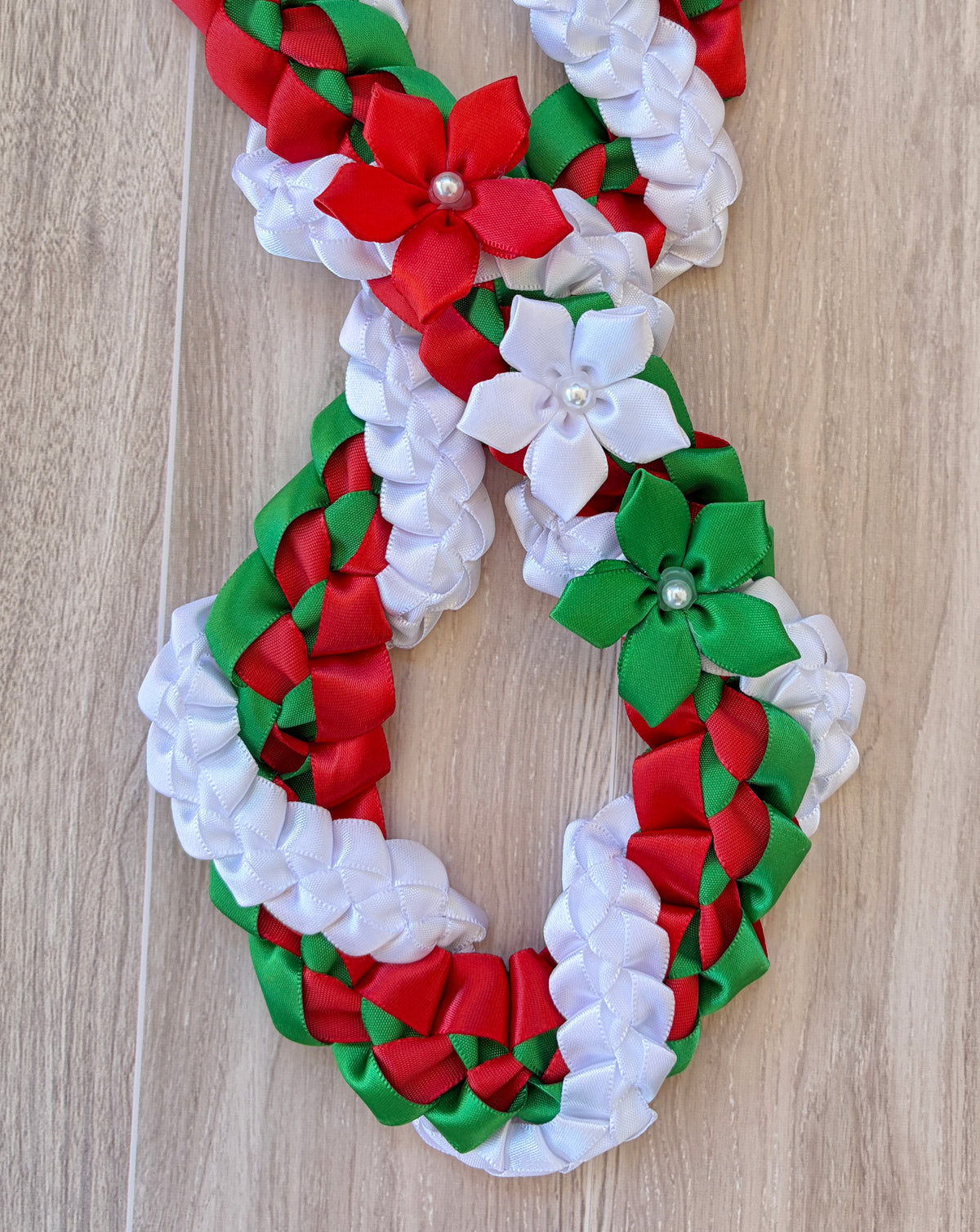 Red, Emerald Green, and White Wrap Ribbon Lei