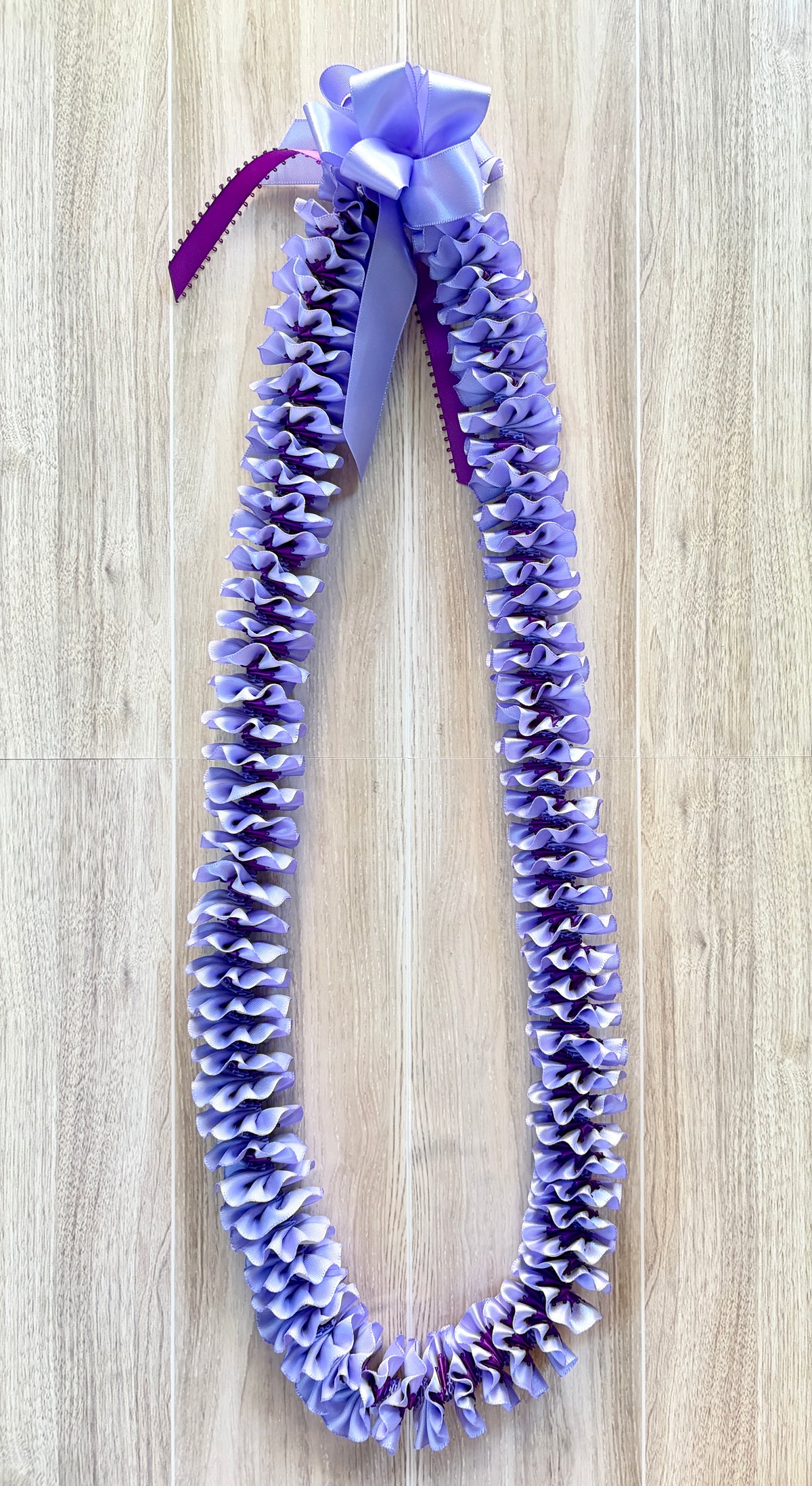 Iris and Purple Plumeria Ribbon Lei