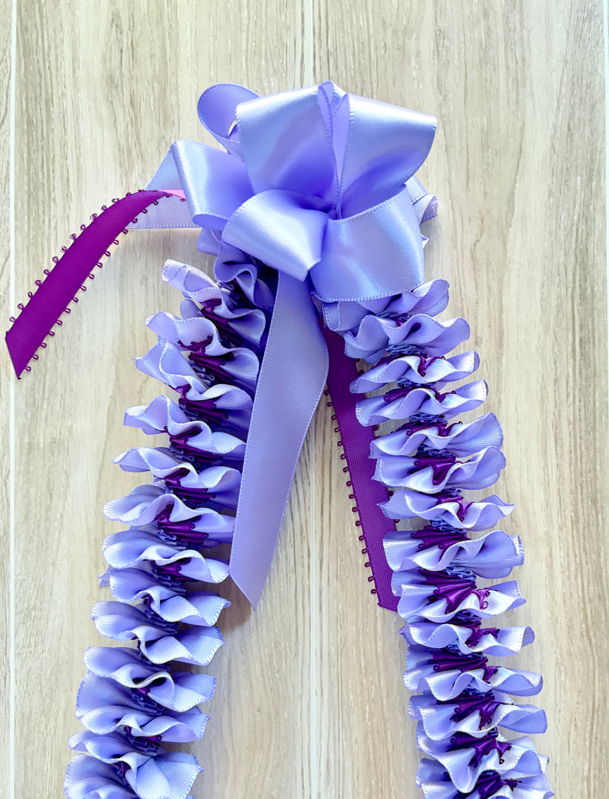 Iris and Purple Plumeria Ribbon Lei