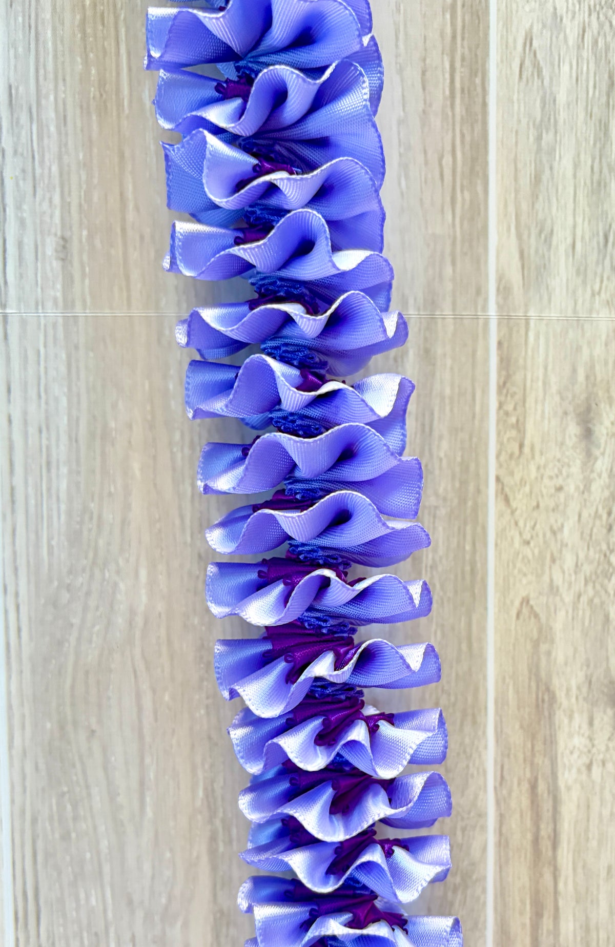 Iris and Purple Plumeria Ribbon Lei