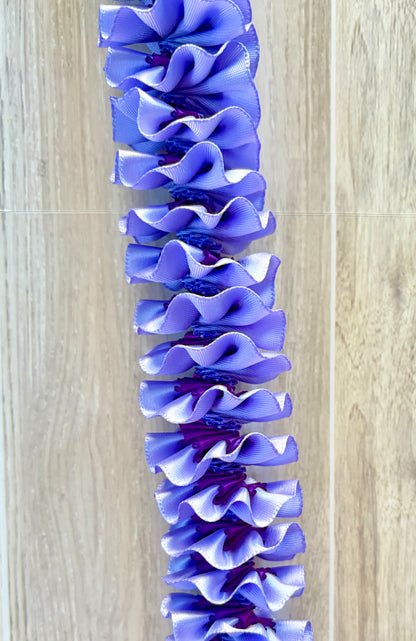Iris and Purple Plumeria Ribbon Lei