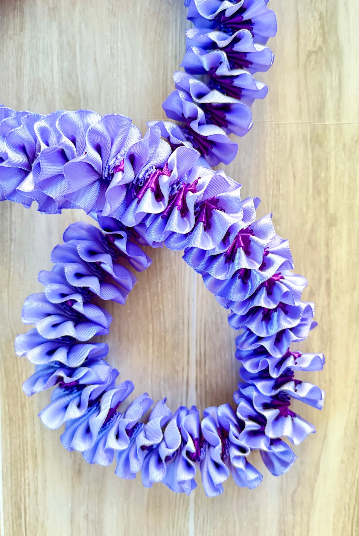 Iris and Purple Plumeria Ribbon Lei