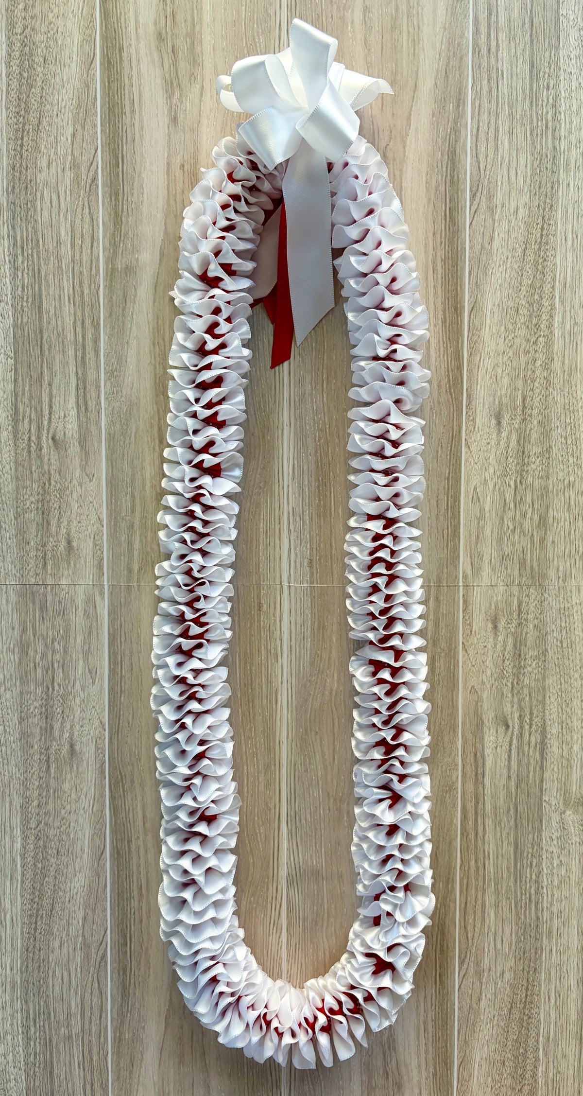 White and Red Plumeria Ribbon Lei