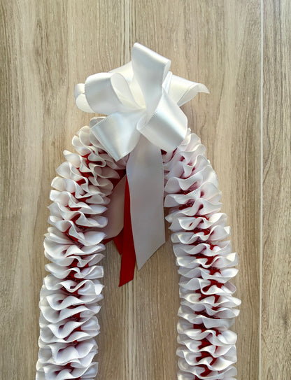 White and Red Plumeria Ribbon Lei