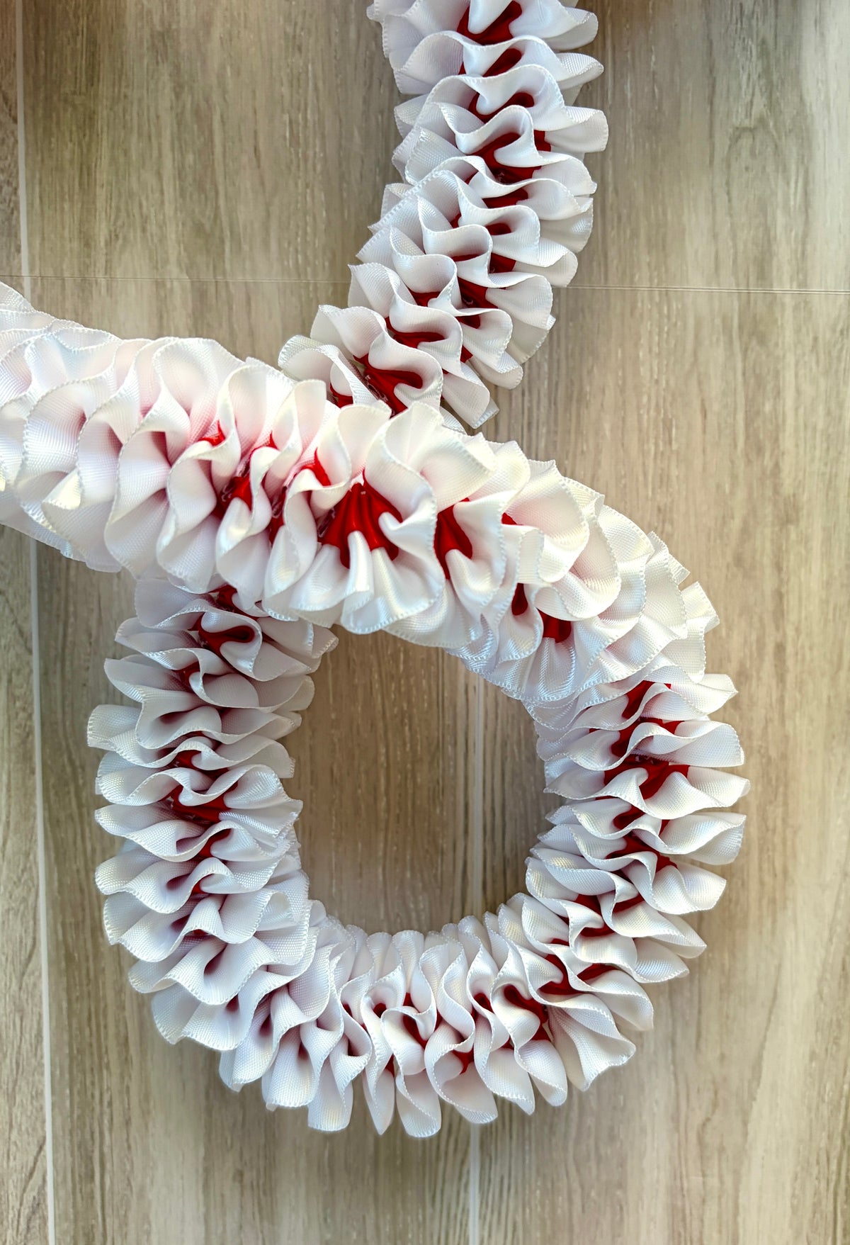 White and Red Plumeria Ribbon Lei