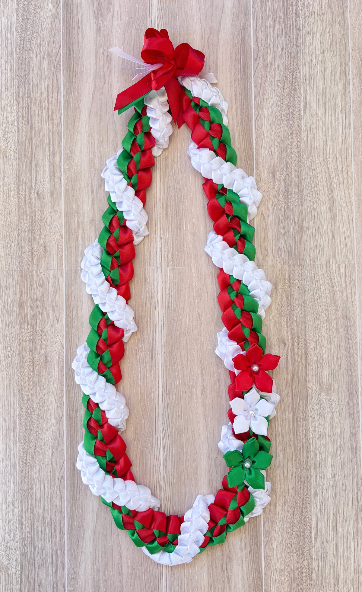 Red, Emerald Green, and White Wrap Ribbon Lei