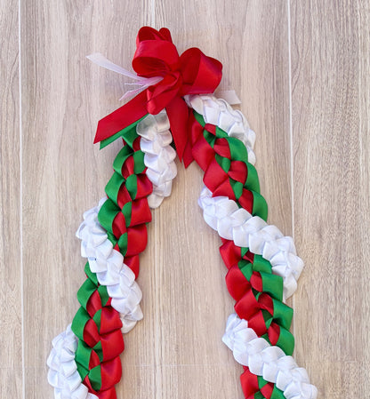 Red, Emerald Green, and White Wrap Ribbon Lei
