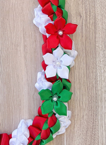 Red, Emerald Green, and White Wrap Ribbon Lei