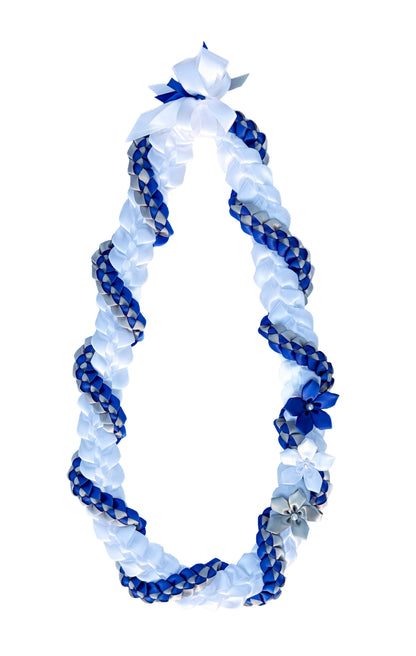 White, Royal Blue, and Silver Wrap Ribbon Lei