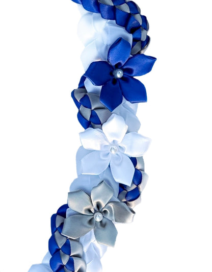 White, Royal Blue, and Silver Wrap Ribbon Lei