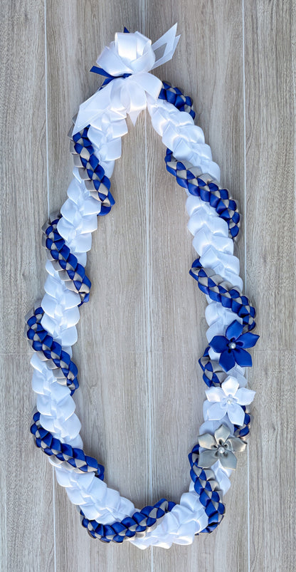 White, Royal Blue, and Silver Wrap Ribbon Lei