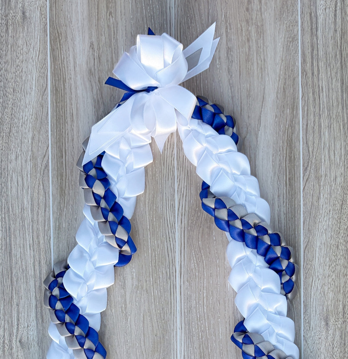 White, Royal Blue, and Silver Wrap Ribbon Lei