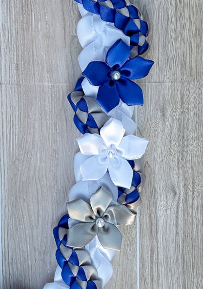 White, Royal Blue, and Silver Wrap Ribbon Lei