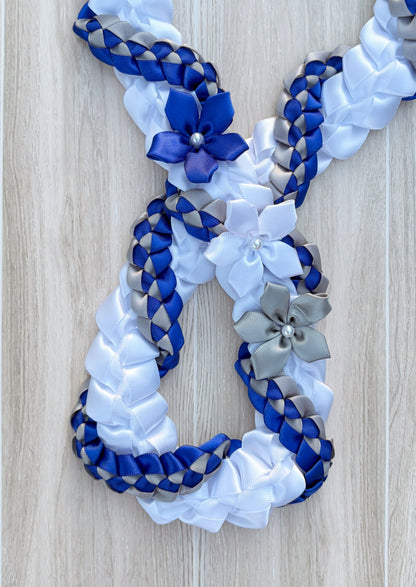 White, Royal Blue, and Silver Wrap Ribbon Lei