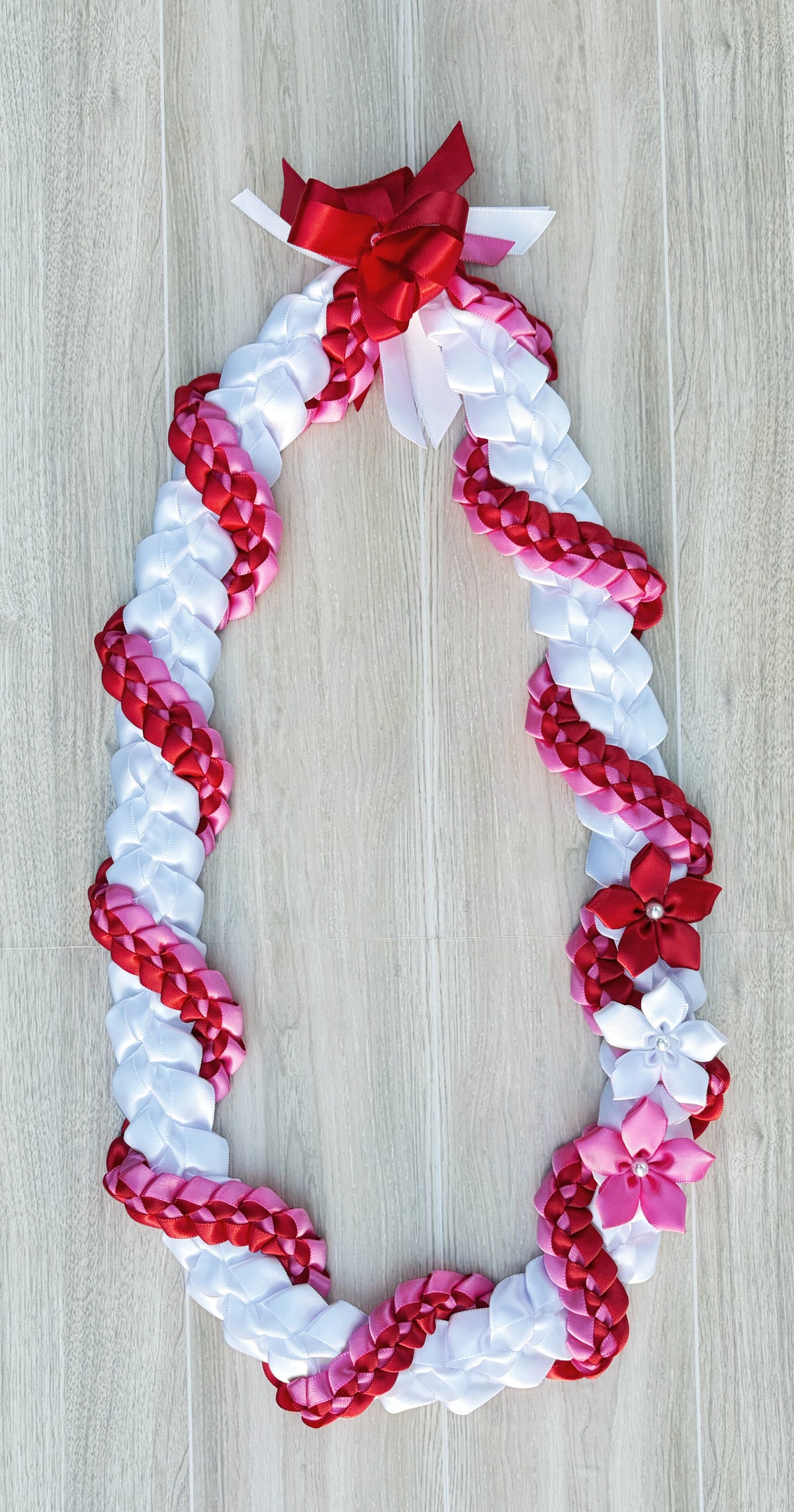 White, Red, and Hot Pink Wrap Ribbon Lei