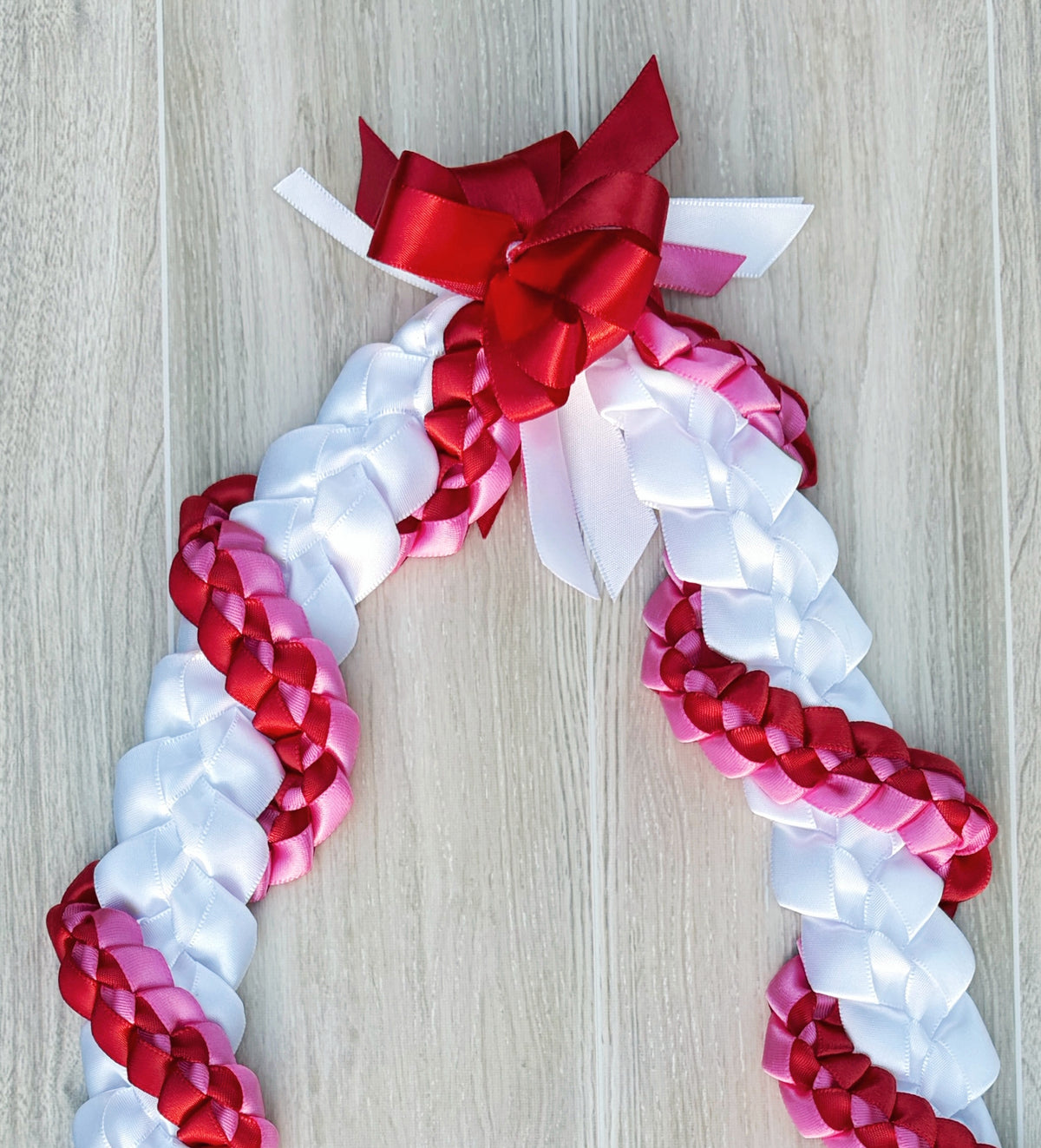 White, Red, and Hot Pink Wrap Ribbon Lei