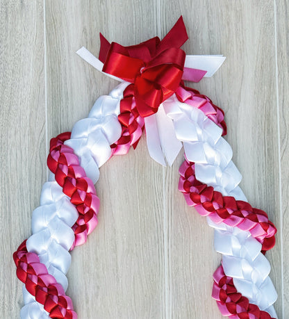 White, Red, and Hot Pink Wrap Ribbon Lei