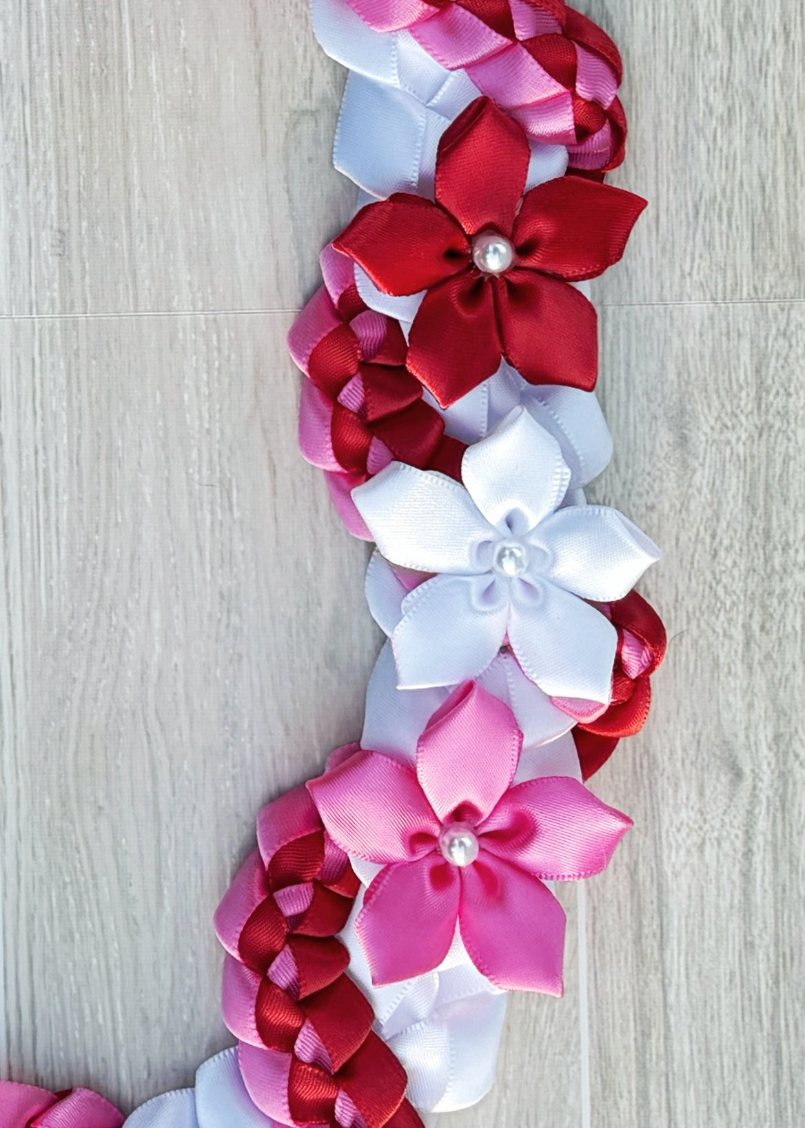 White, Red, and Hot Pink Wrap Ribbon Lei