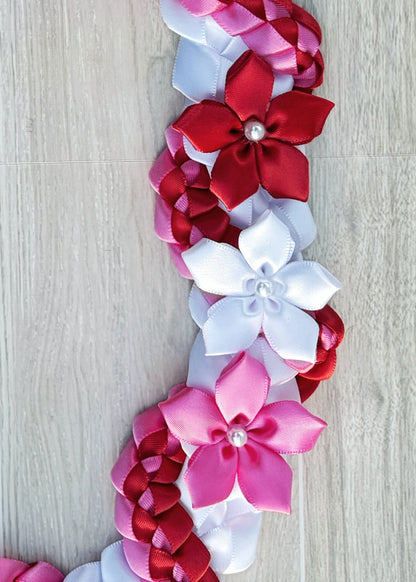 White, Red, and Hot Pink Wrap Ribbon Lei