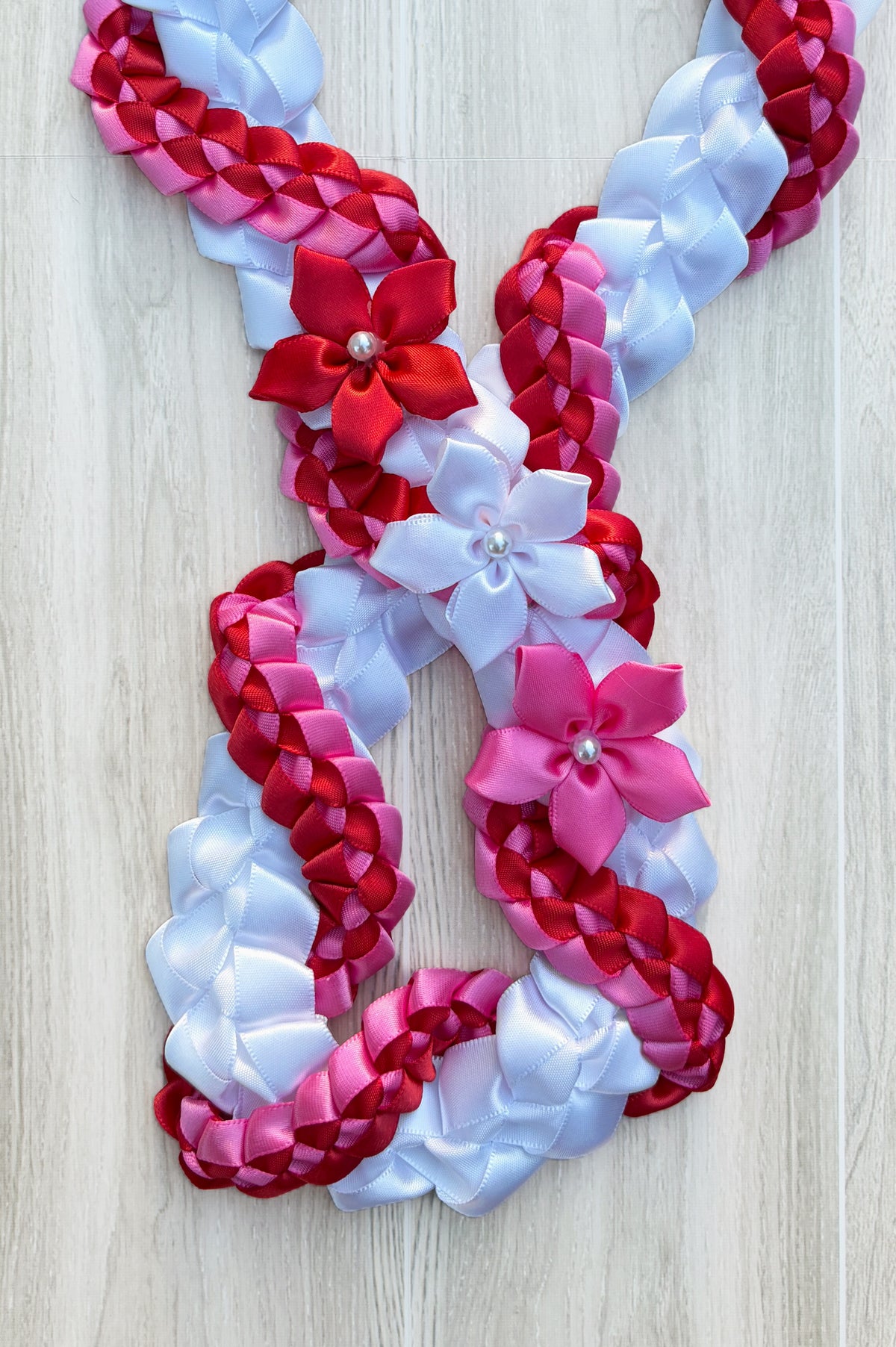 White, Red, and Hot Pink Wrap Ribbon Lei
