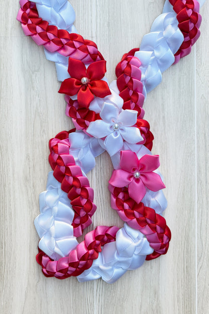 White, Red, and Hot Pink Wrap Ribbon Lei