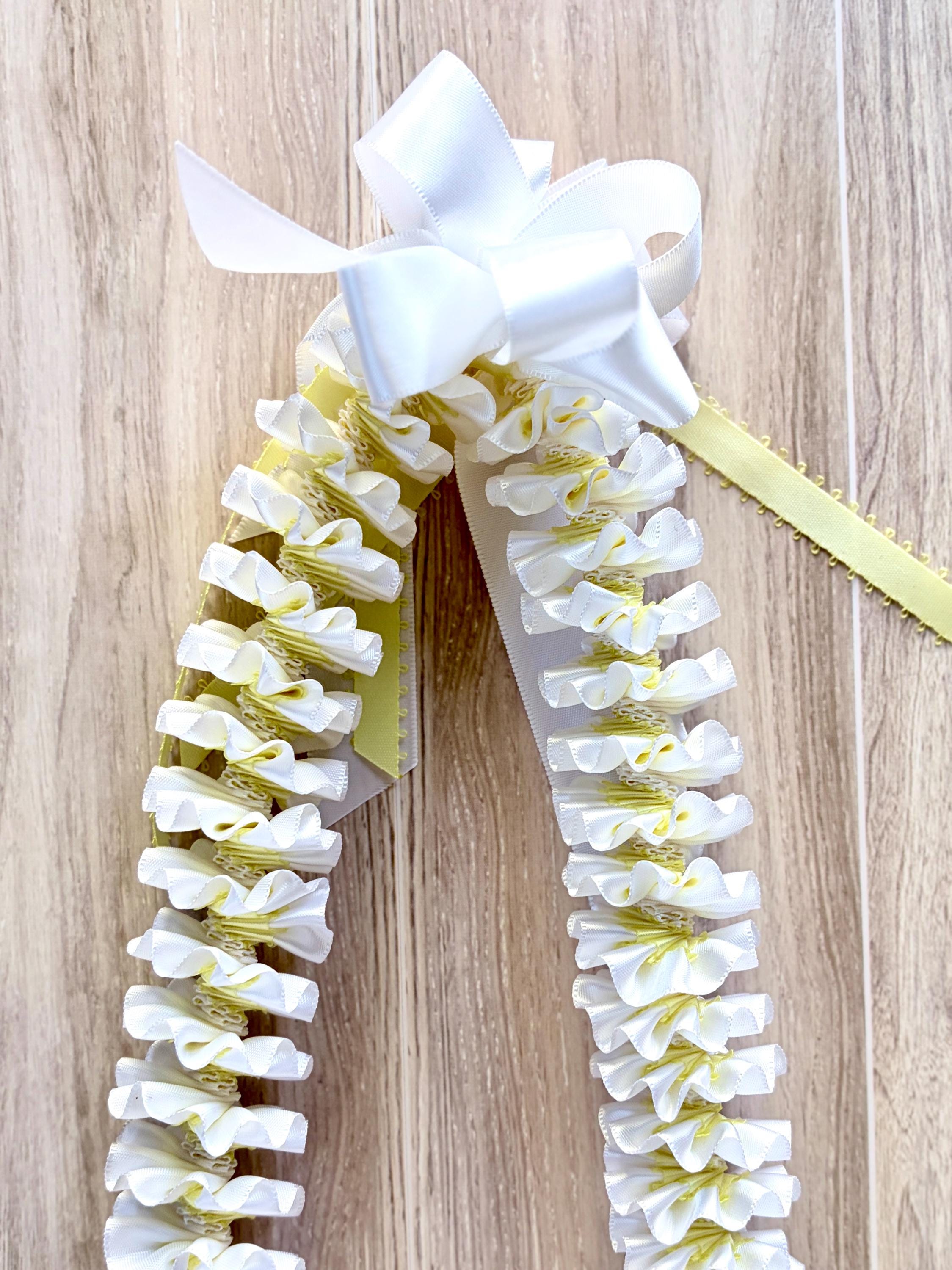 White and Light Yellow Plumeria Ribbon Lei