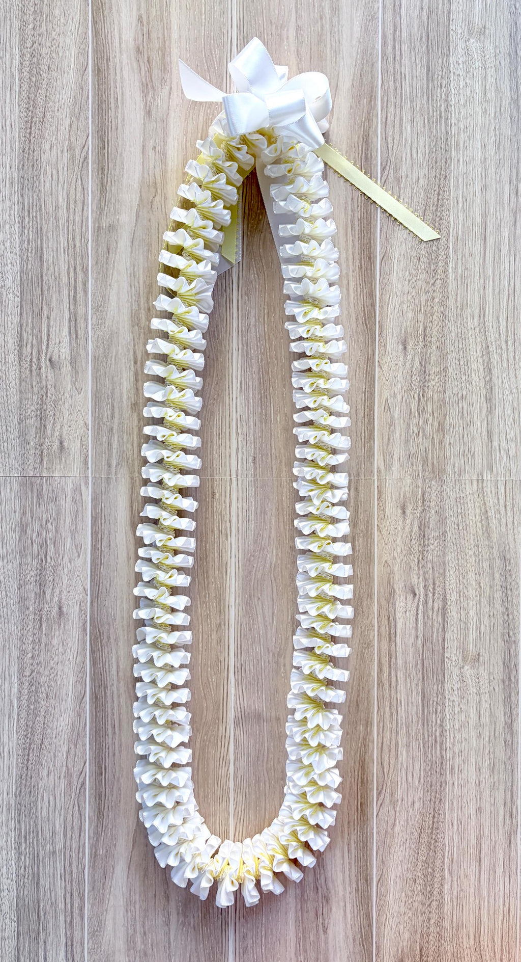 White and Light Yellow Plumeria Ribbon Lei