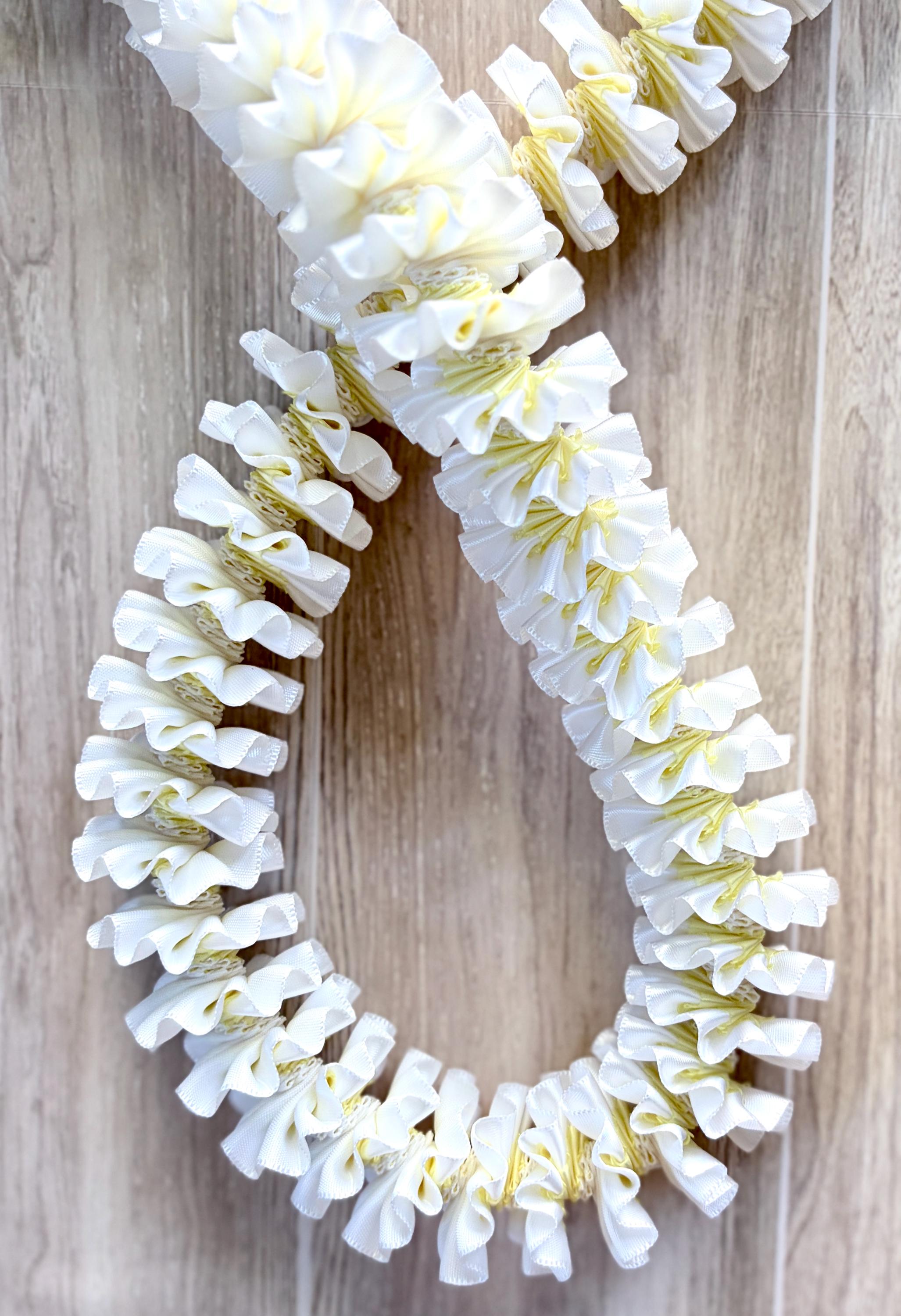 White and Light Yellow Plumeria Ribbon Lei