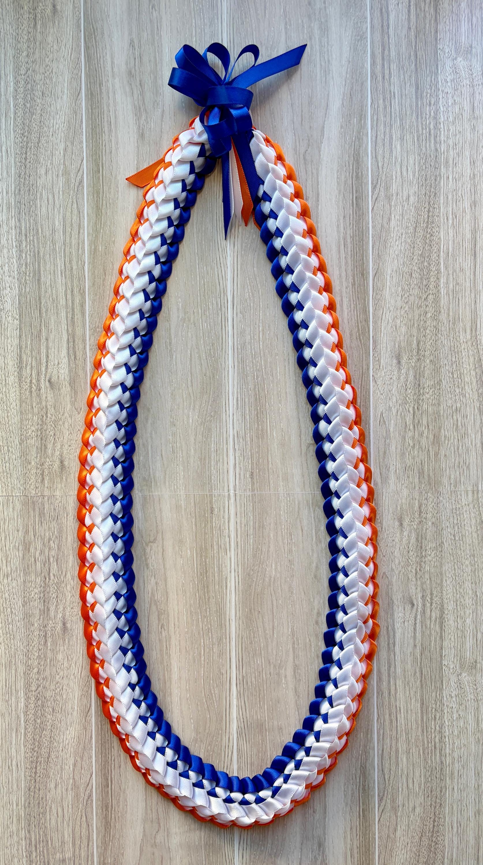Royal Blue, Orange, and White Double Ribbon Lei