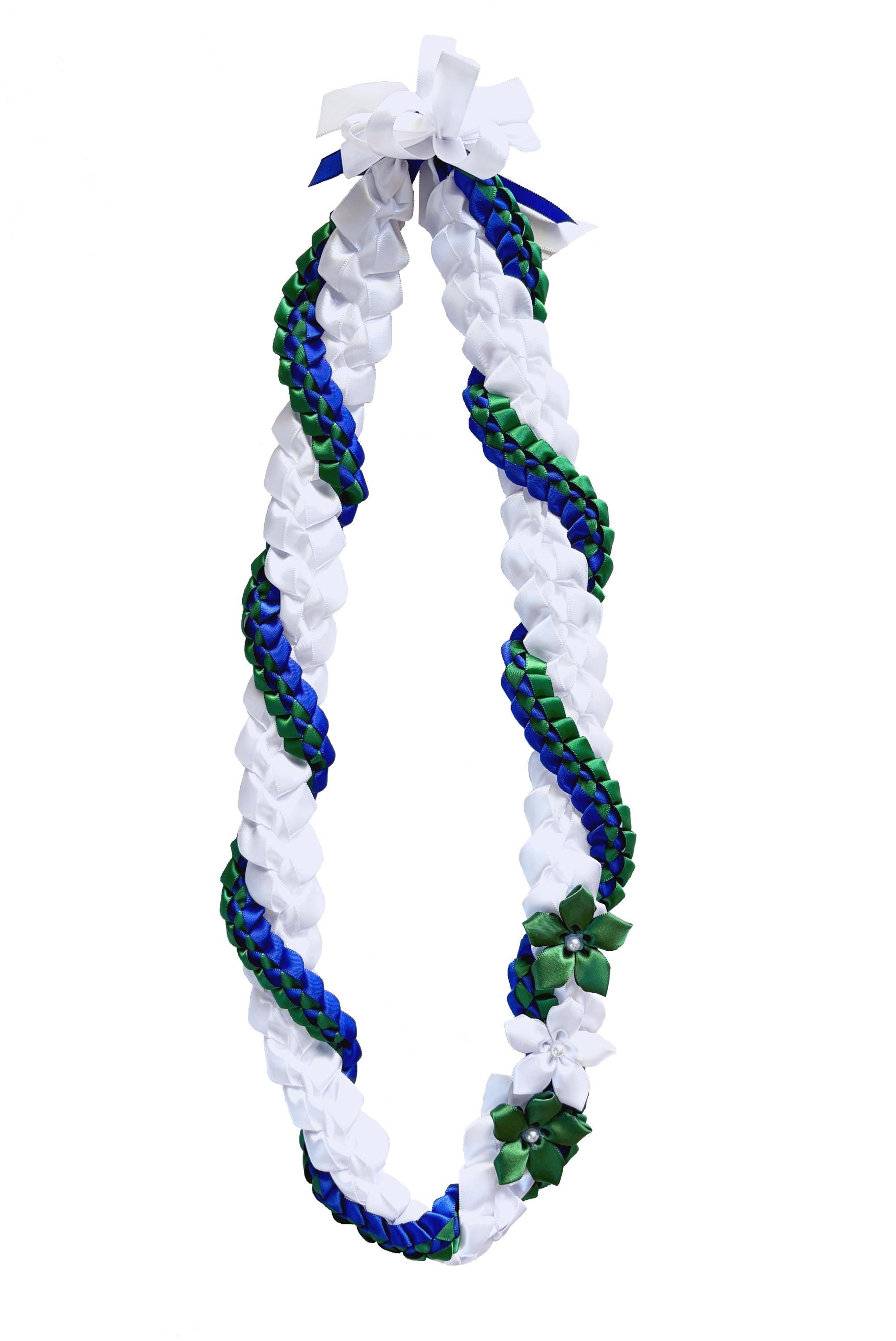 White, Forest Green, and Royal Blue Wrap Ribbon Lei