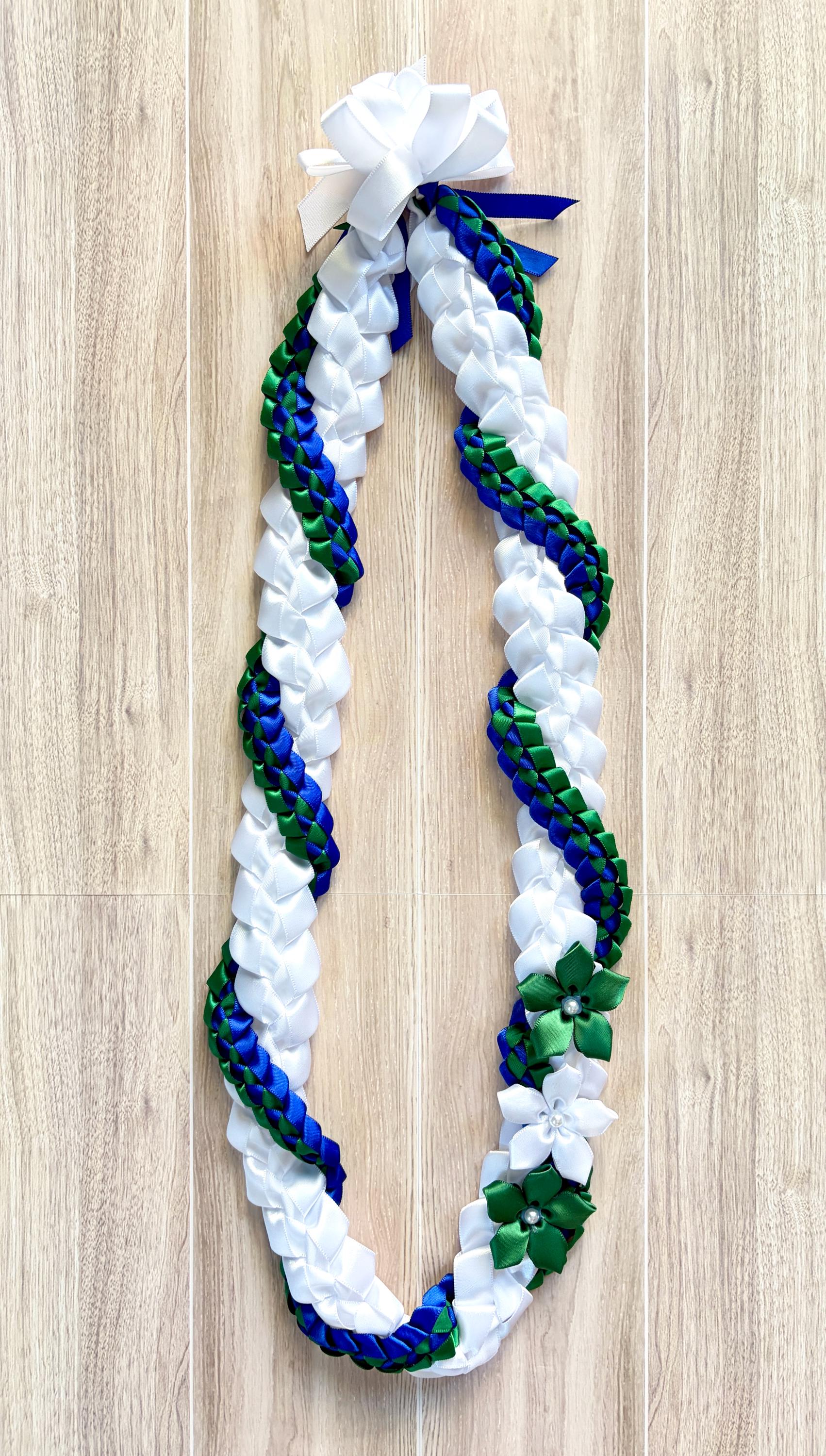 White, Forest Green, and Royal Blue Wrap Ribbon Lei