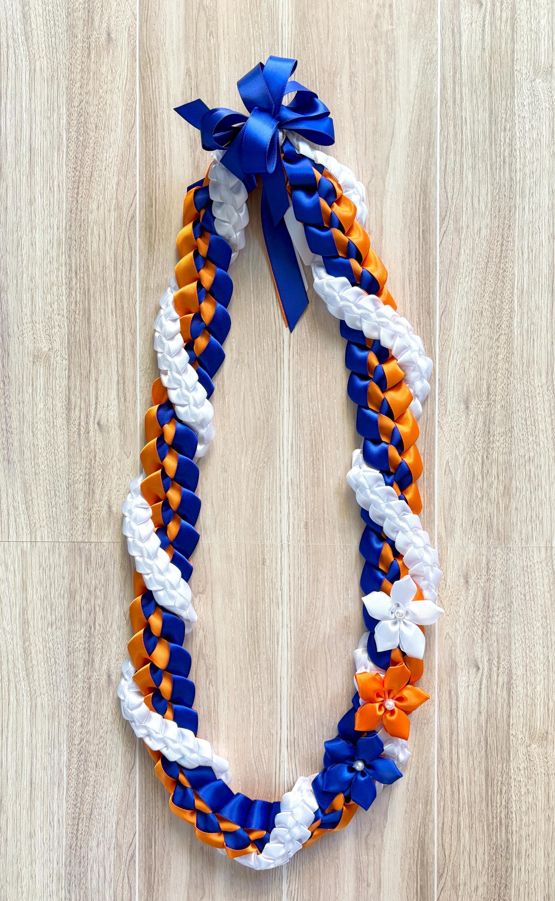 Royal Blue, Orange, and White Wrap Ribbon Lei