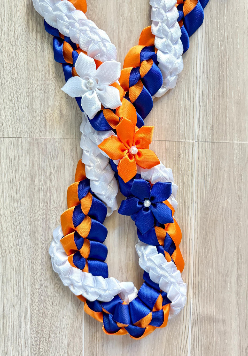 Royal Blue, Orange, and White Wrap Ribbon Lei