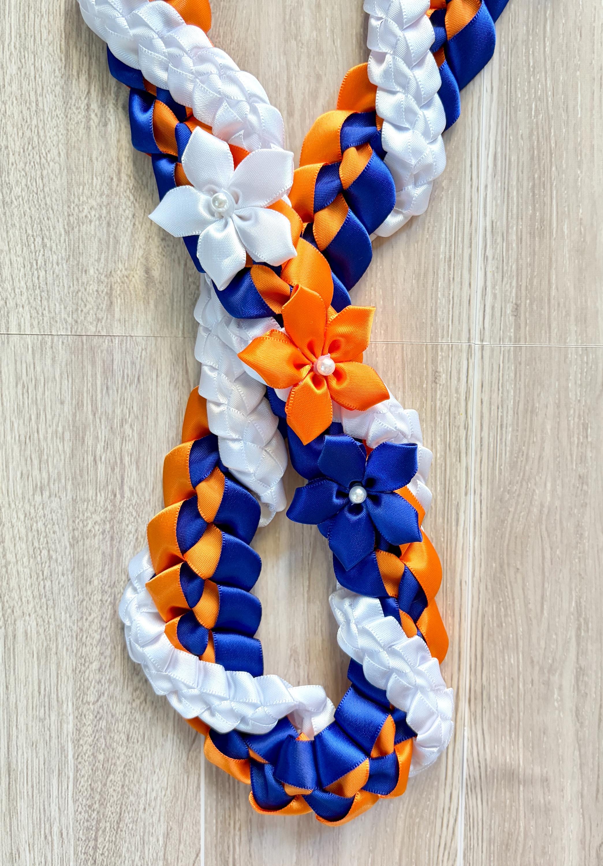 Royal Blue, Orange, and White Wrap Ribbon Lei