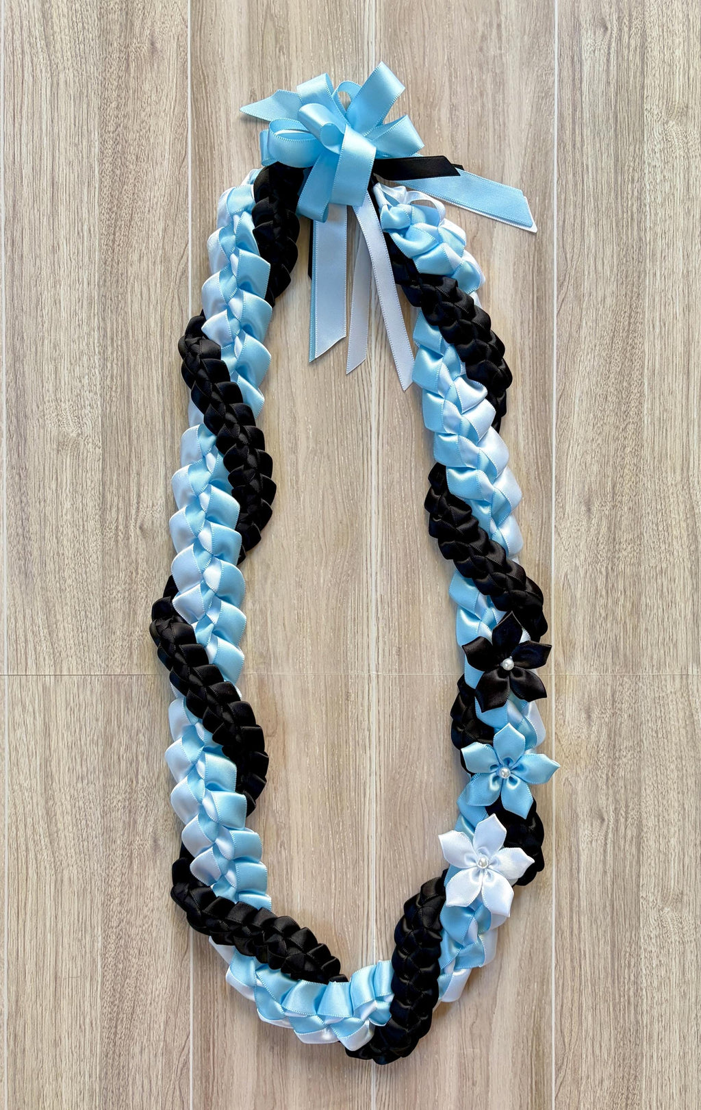 Light Blue, White, and Black Wrap Ribbon Lei
