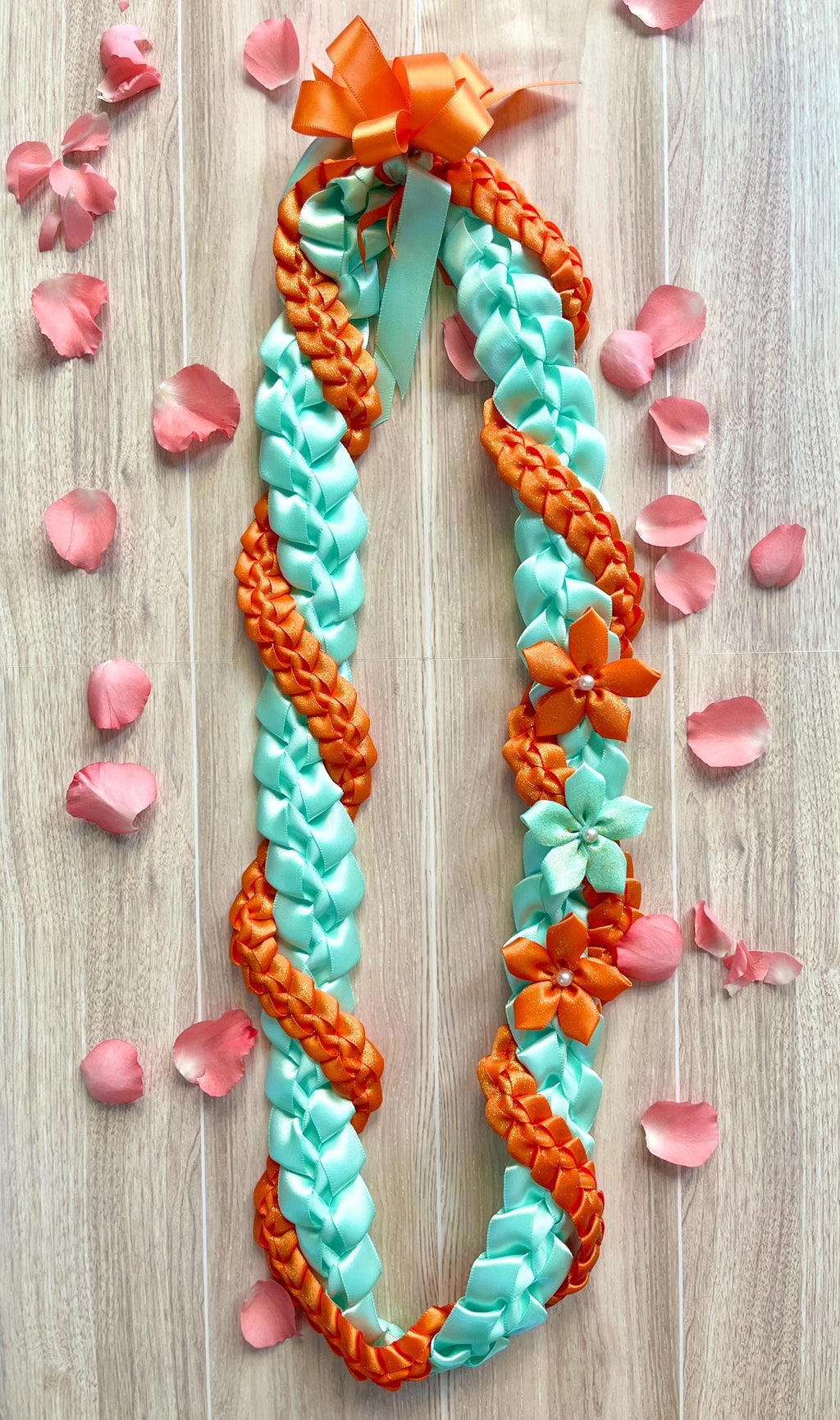 Mint and Glittery Orange Wrap Ribbon Lei