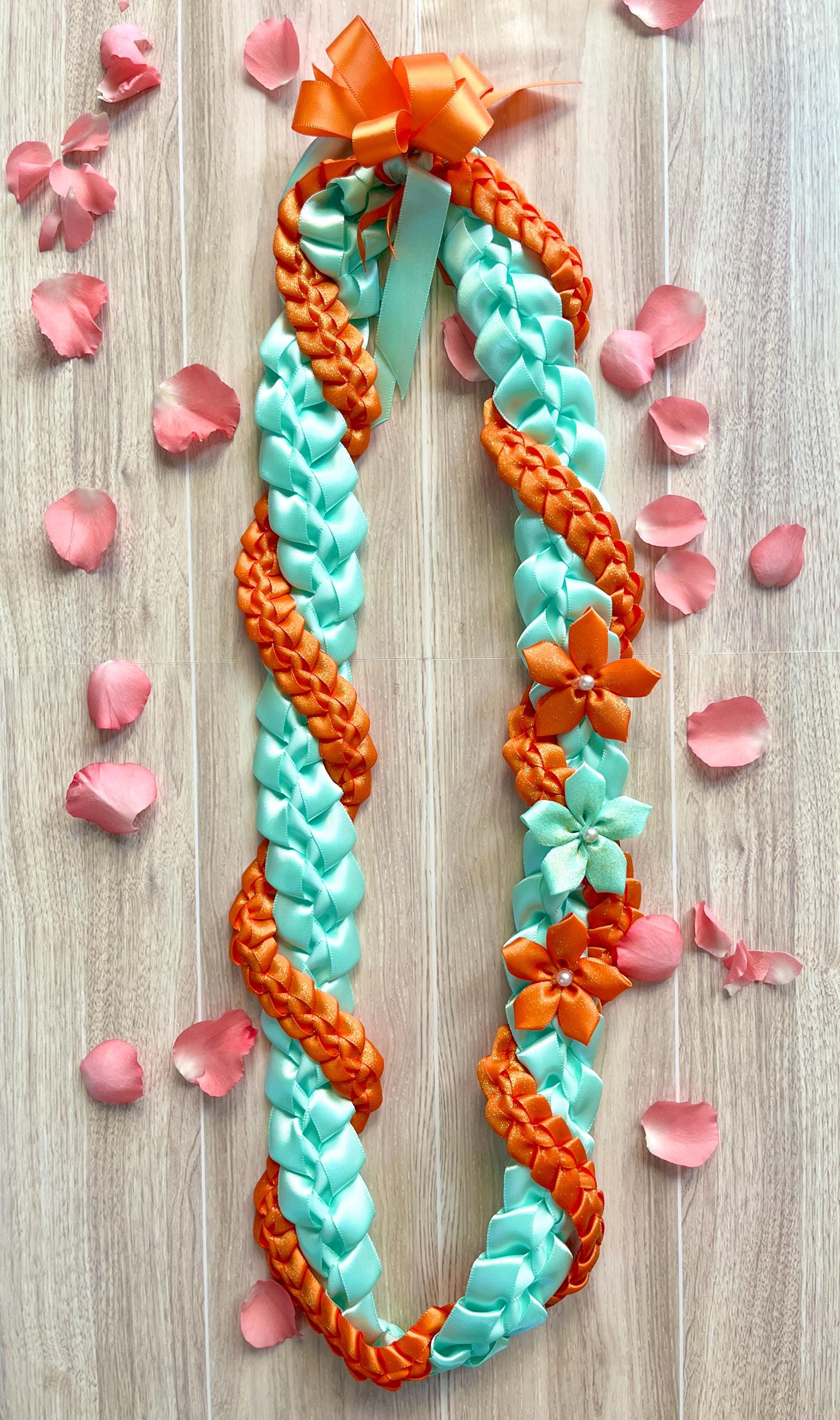 Mint and Glittery Orange Wrap Ribbon Lei