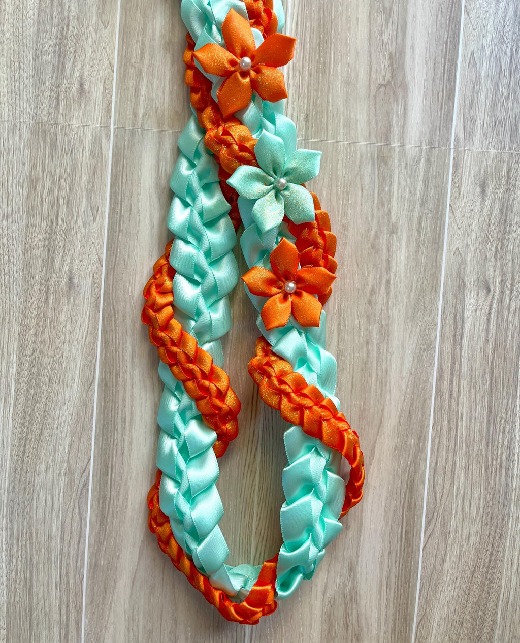 Mint and Glittery Orange Wrap Ribbon Lei