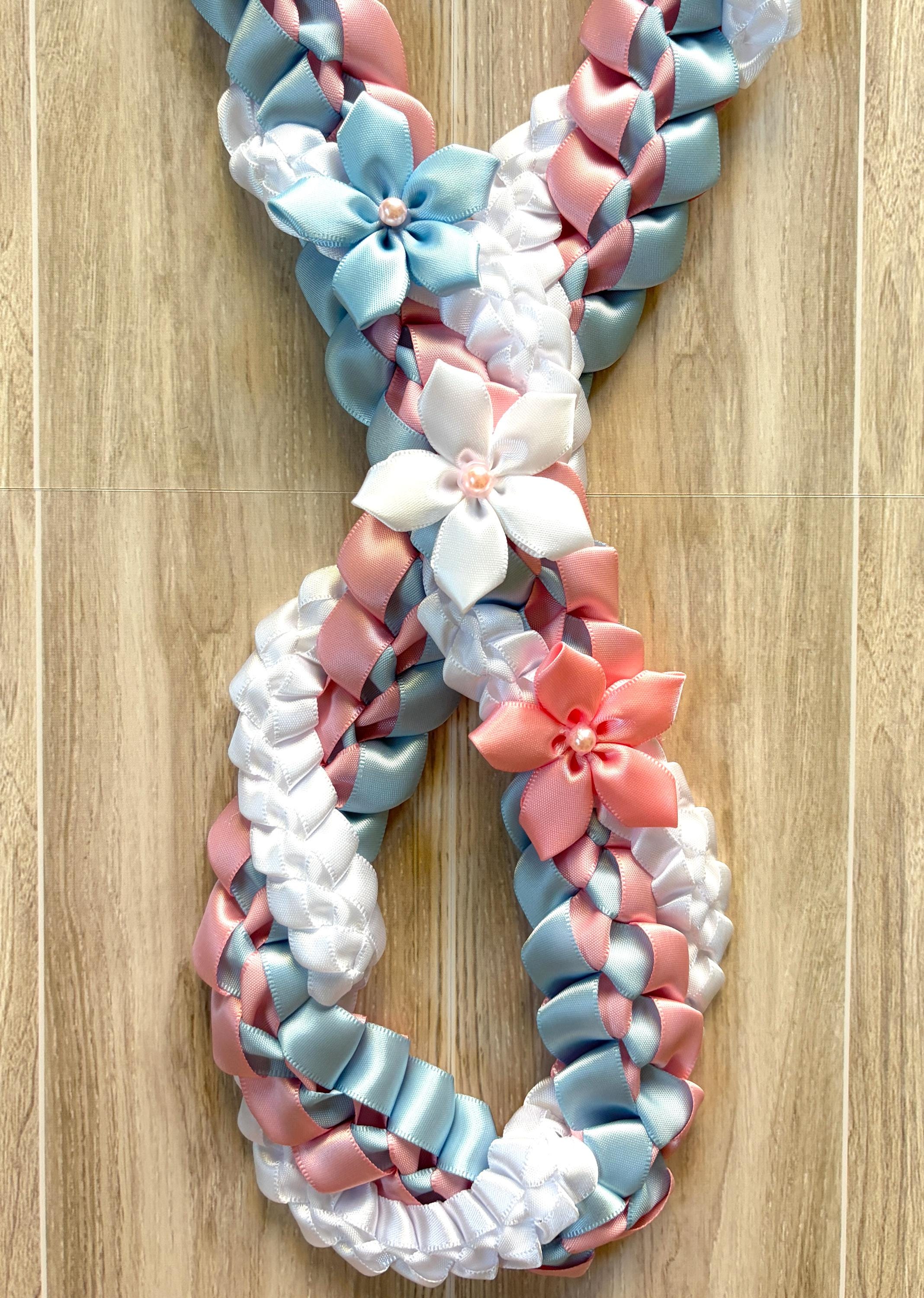 Pink, Light Blue, and White Wrap Ribbon Lei