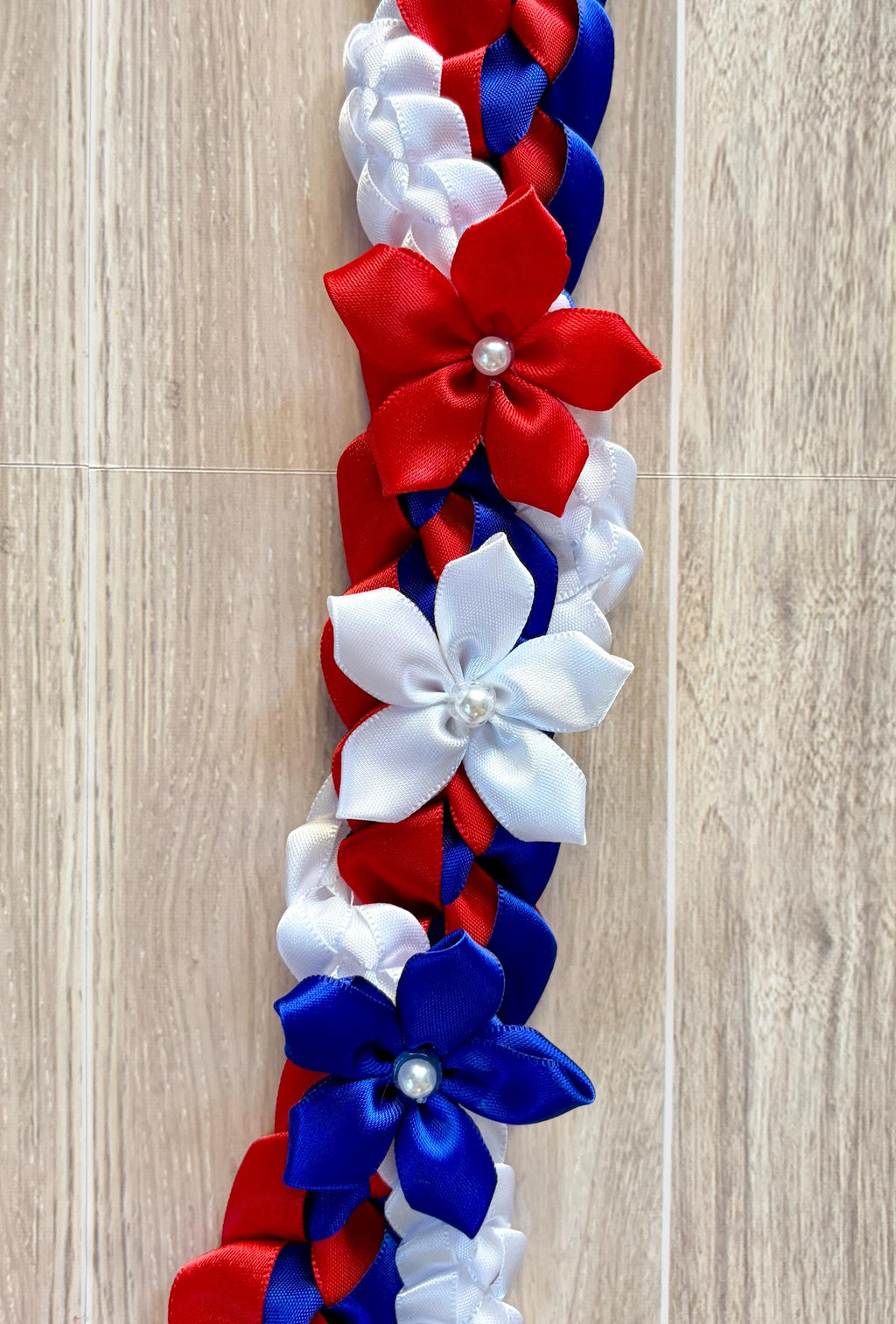 Red, Royal Blue, and White Wrap Ribbon Lei