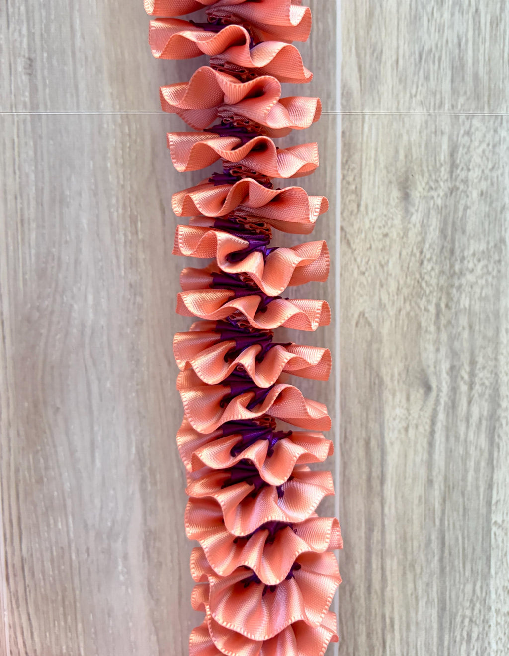 Coral and Purple Plumeria Ribbon Lei