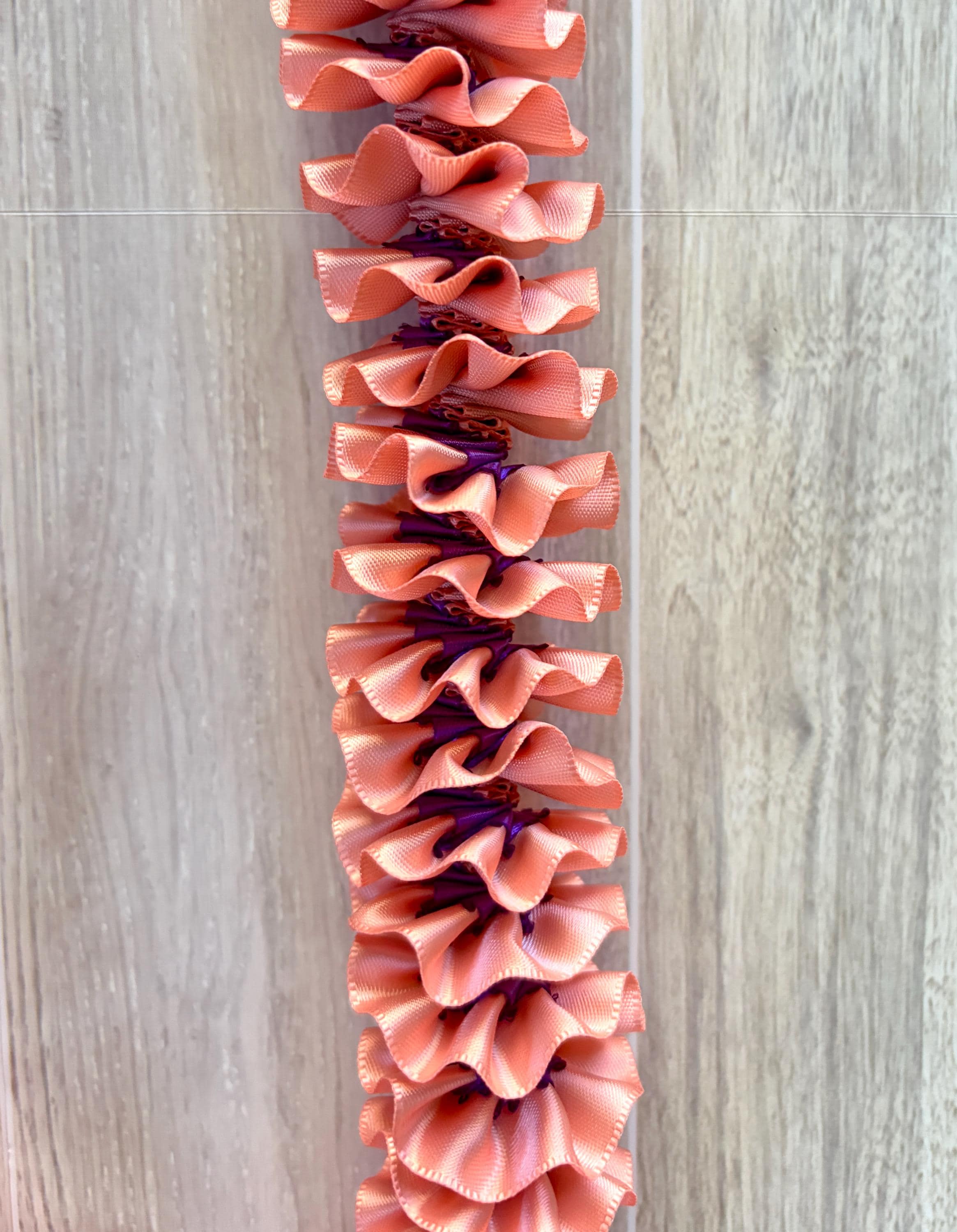 Coral and Purple Plumeria Ribbon Lei