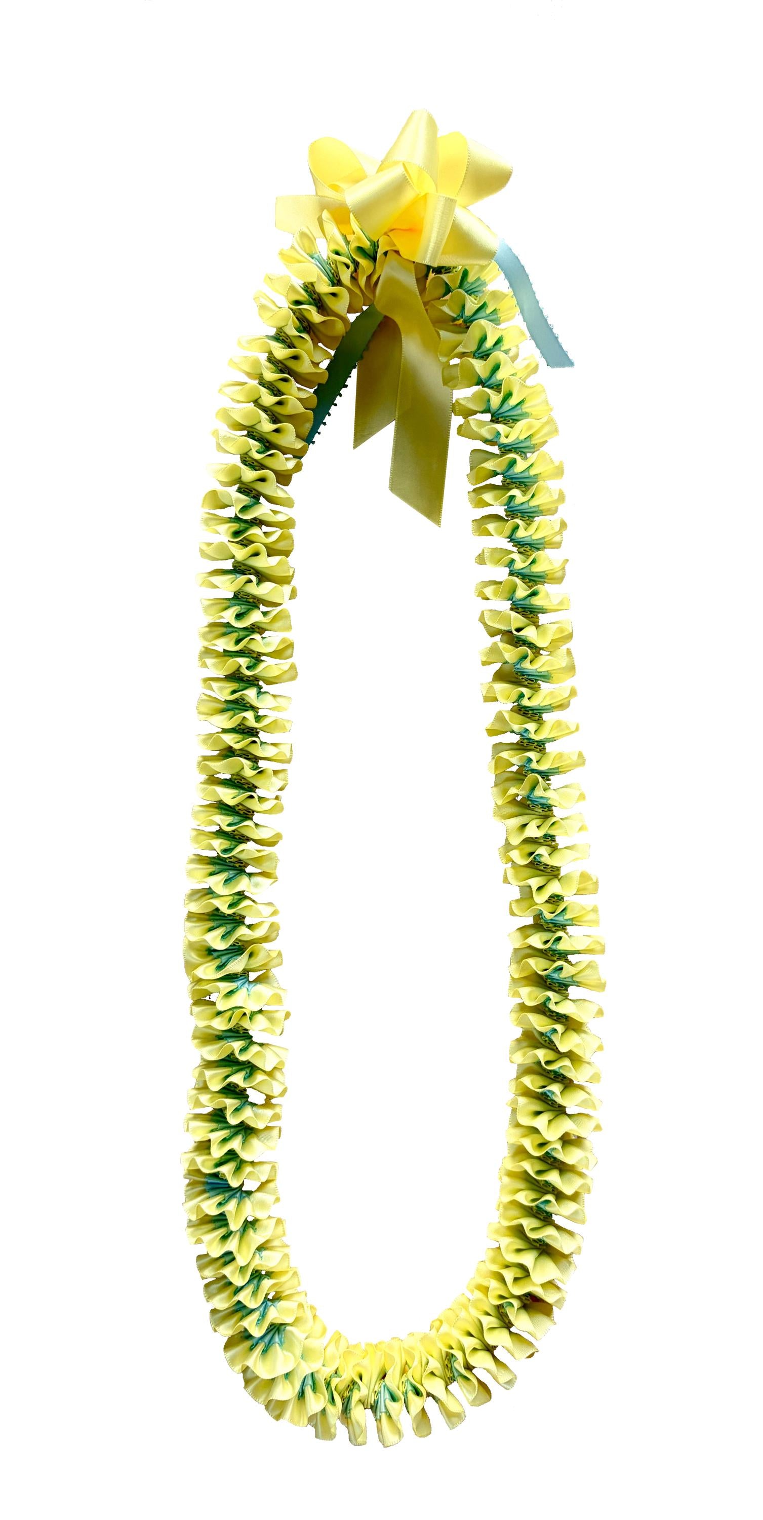Light Yellow and Light Blue Plumeria Ribbon Lei