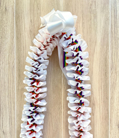 White and Rainbow Grosgrain Plumeria Ribbon Lei