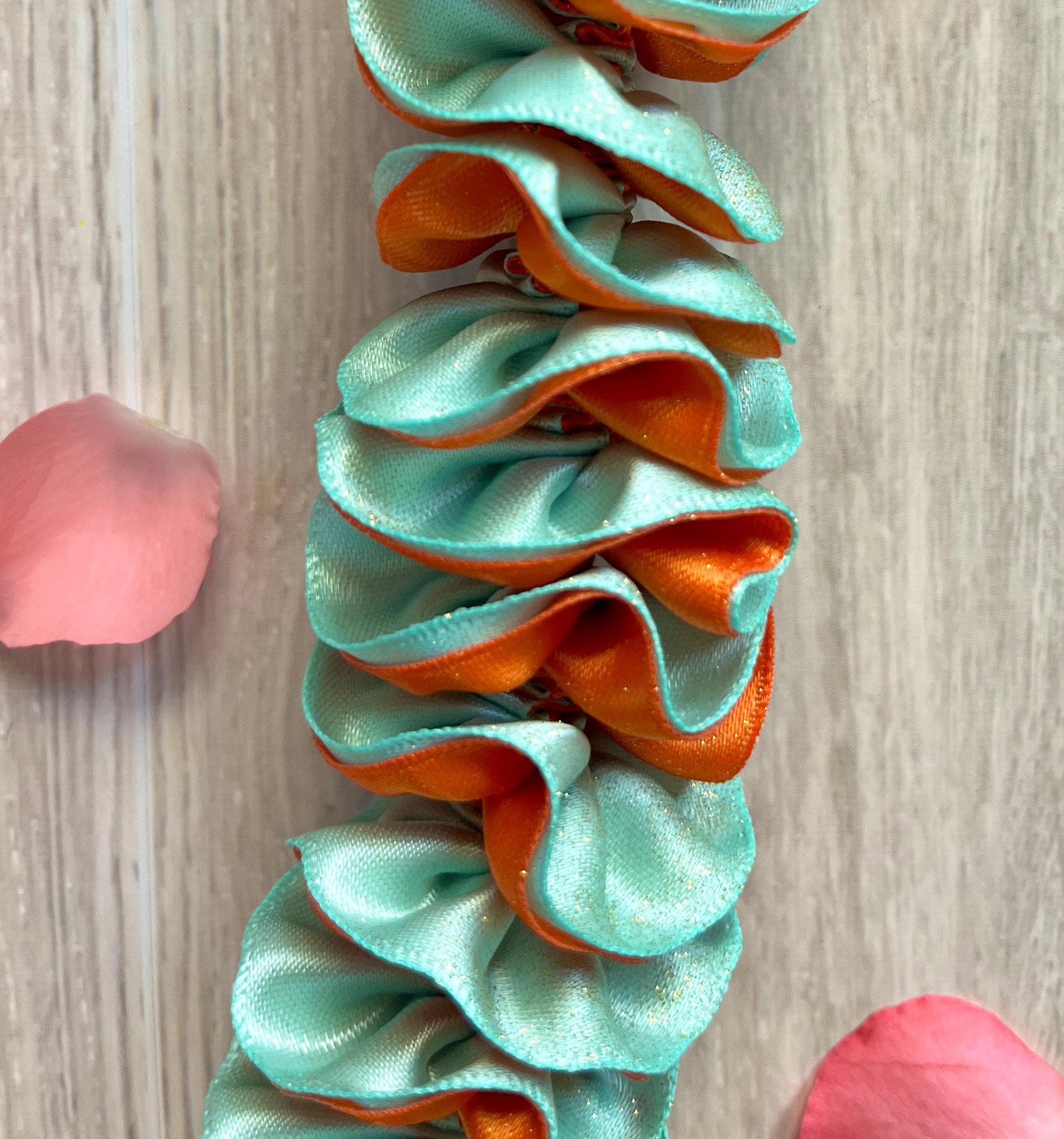 Glittery Mint and Orange Plumeria Ribbon Lei