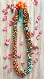 Glittery Mint and Orange Plumeria Ribbon Lei