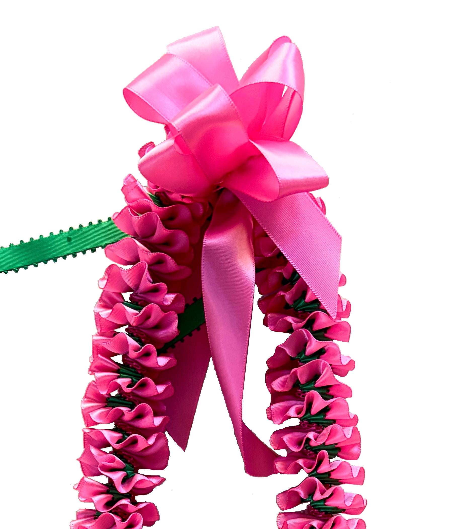 Hot Pink and Emerald Green Plumeria Ribbon Lei