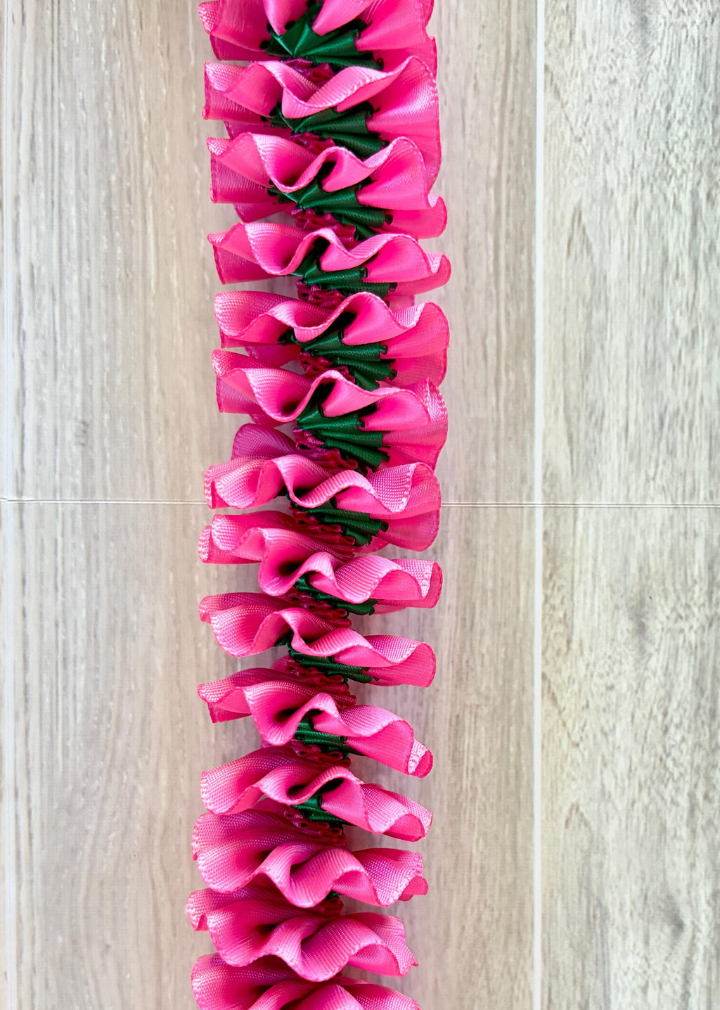 Hot Pink and Emerald Green Plumeria Ribbon Lei