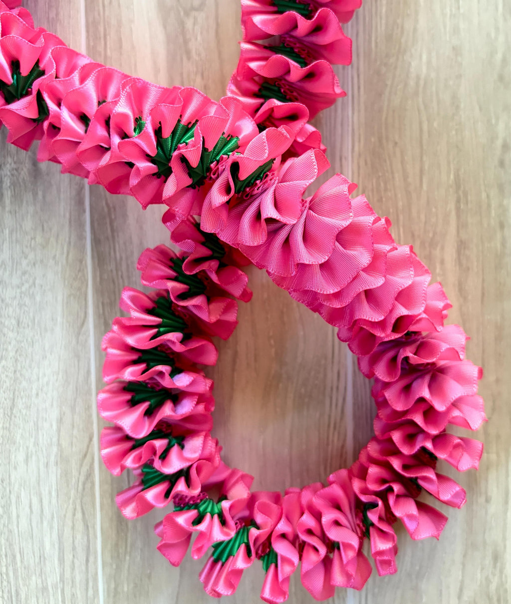 Hot Pink and Emerald Green Plumeria Ribbon Lei